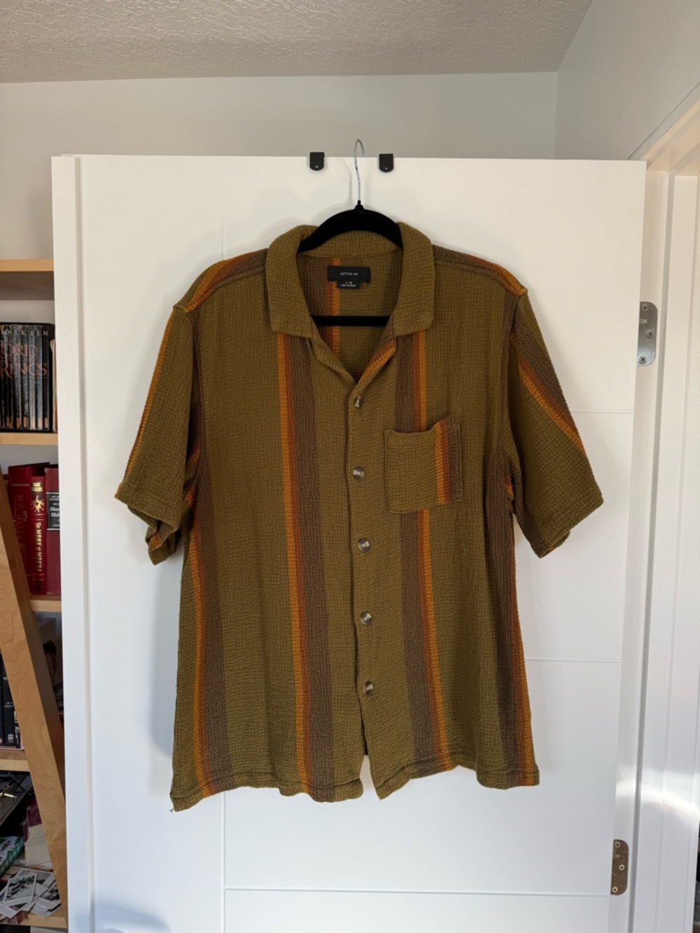 Cotton On Olive Green Short Sleeve Button-Down with Orange Stripes